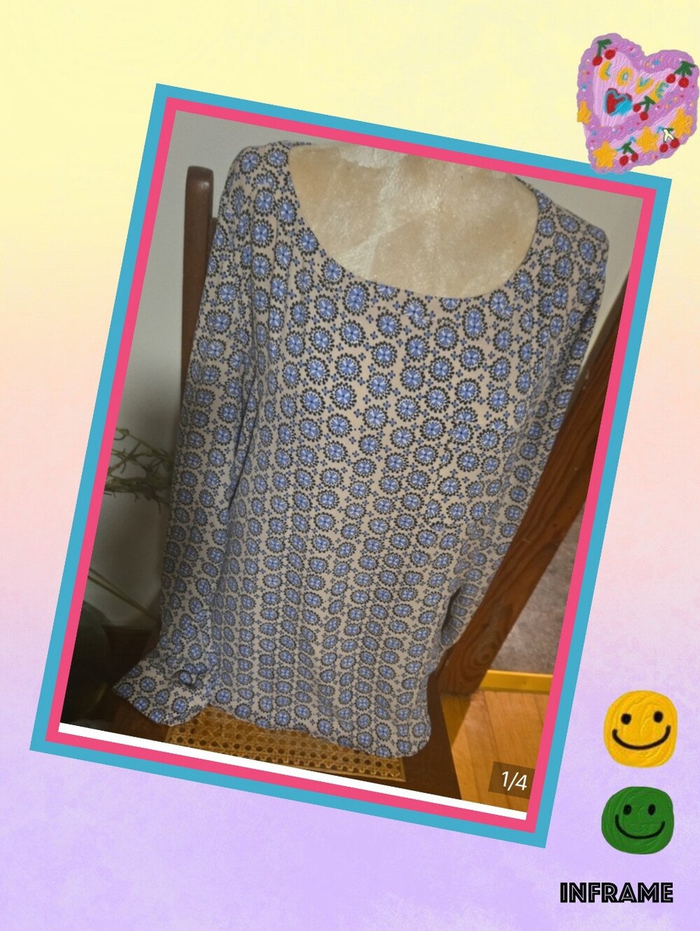 LOFT Beige and Blue Long Sleeve Scoop Neck Top Size Small